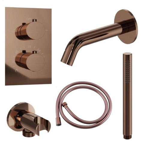 Fortifura Calvi Robinet de baignoire - bec 22cm à raccourcir - flexible - douchette stick - partie encastrable - support mural - Cuivre brossé