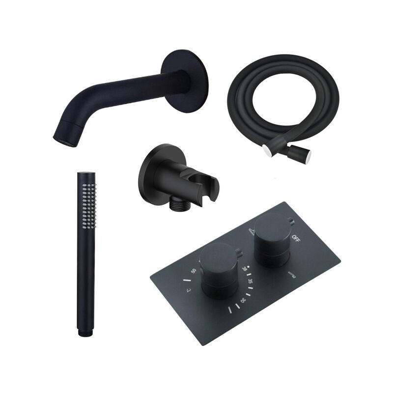 Calvi Robinet de baignoire - bec 22cm à raccourcir - flexible - douchette stick - partie encastrable - support mural - noir mat - Fortifura