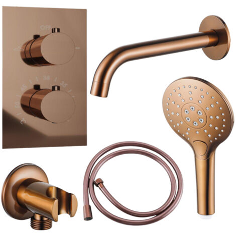 Fortifura Calvi Robinet de baignoire set - bec - 22cm réductible - corps lisse - douchette ronde - partie encastrable - support mural - cuivre brossé