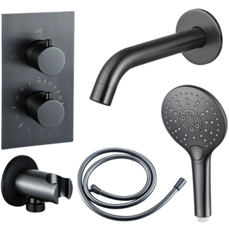 Fortifura Calvi Robinet de baignoire set - bec - 22cm réductible - corps lisse - douchette ronde - partie encastrable - support mural - gunmetal PVD
