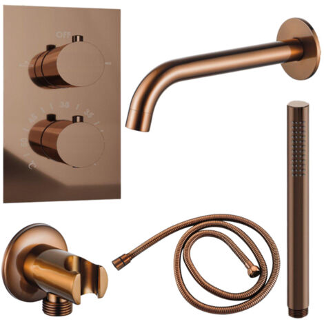 Fortifura Calvi Robinet de baignoire set - bec - 22cm réductible - flexible en métal - douchette à main - partie encastrable - support mural - cuivre