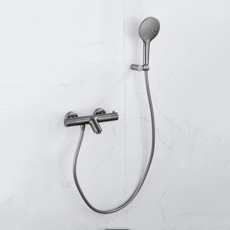 Fortifura Calvi Robinet de baignoire thermostatique avec douchette ronde, support et flexible lisse Gunmetal PVD