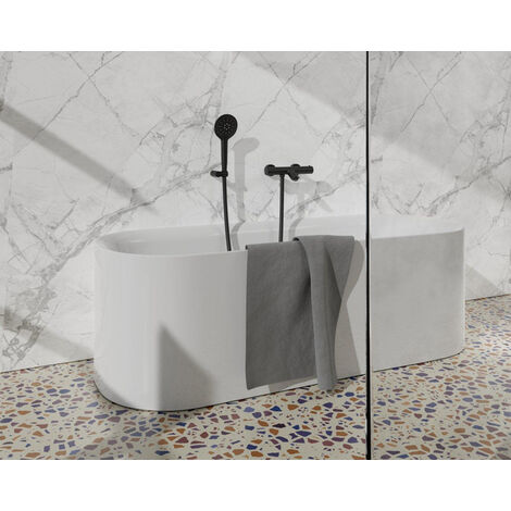 Fortifura Calvi Robinet de baignoire thermostatique avec douchette ronde, support et flexible lisse Noir mat
