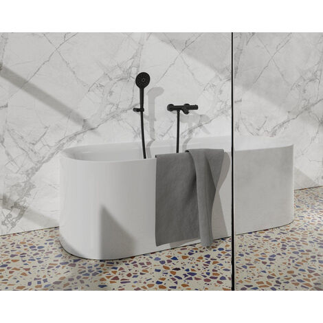 Fortifura Calvi Robinet de baignoire thermostatique avec douchette ronde, support et flexible métal Noir mat
