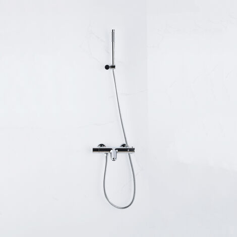 Fortifura Calvi Robinet de baignoire thermostatique avec douchette stick, support et flexible en métal Chrome