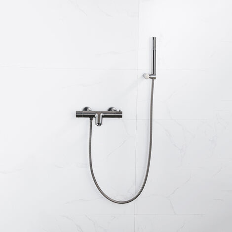 Fortifura Calvi Robinet de baignoire thermostatique avec douchette stick, support et flexible en métal Gunmetal PVD