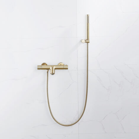 Fortifura Calvi Robinet de baignoire thermostatique avec douchette stick, support et flexible en métal Laiton brossé PVD