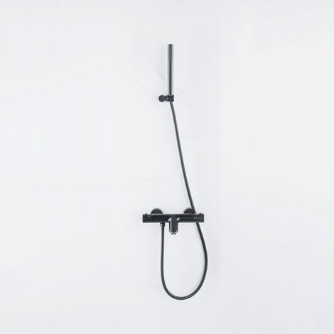 Fortifura Calvi Robinet de baignoire thermostatique avec douchette stick, support et flexible en métal Noir mat