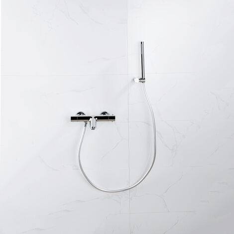 Fortifura Calvi Robinet de baignoire thermostatique avec douchette stick, support et flexible lisse Chrome