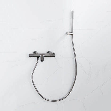 Fortifura Calvi Robinet de baignoire thermostatique avec douchette stick, support et flexible lisse Gunmetal PVD