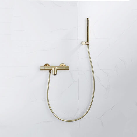 Fortifura Calvi Robinet de baignoire thermostatique avec douchette stick, support et flexible lisse Laiton brossé PVD