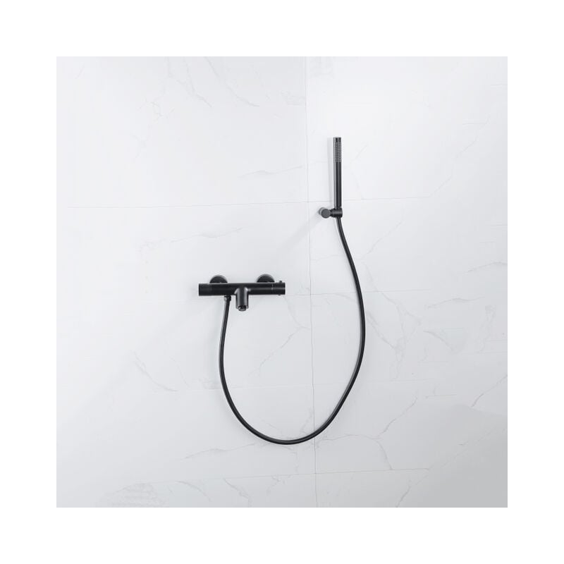 Calvi Robinet de baignoire thermostatique avec douchette stick, support et flexible lisse Noir mat - Fortifura