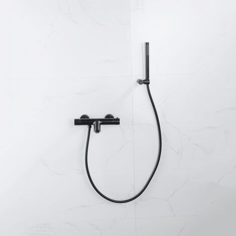 Fortifura Calvi Robinet de baignoire thermostatique avec douchette stick, support et flexible lisse Noir mat