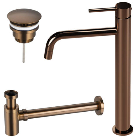 Fortifura Calvi Slim Ensemble de robinet lavabo - rehaussé - bonde non-obturable - siphon bas design - Cuivre