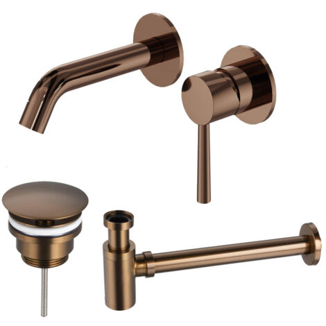 Fortifura Calvi Slim Ensemble de robinet lavabo - robinet encastrable - bonde non-obturable - siphon bas design - Cuivre