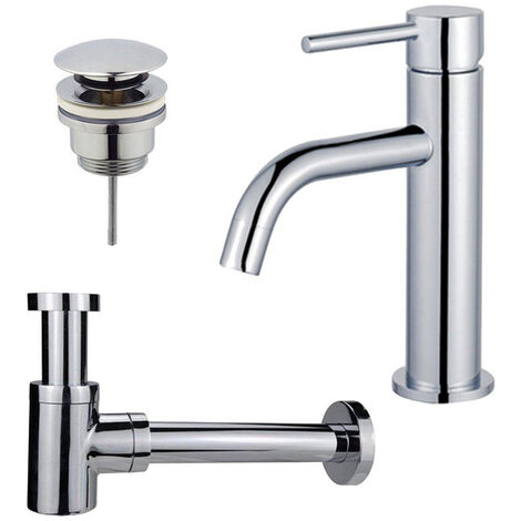 Fortifura Calvi Slim Kit mitigeur lavabo - robinet bas - bonde clic clac - siphon design bas - Chrome brillant