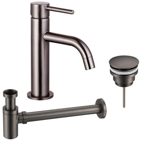Fortifura Calvi Slim Kit mitigeur lavabo - robinet bas - bonde clic clac - siphon design bas - PVD Gunmetal