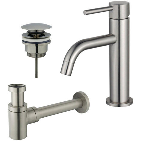 Fortifura Calvi Slim Kit mitigeur lavabo - robinet bas - bonde clic clac - siphon design bas - PVD Inox brossé