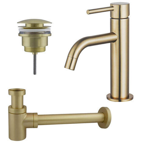 Fortifura Calvi Slim Kit mitigeur lavabo - robinet bas - bonde clic clac - siphon design bas - PVD Laiton brossé