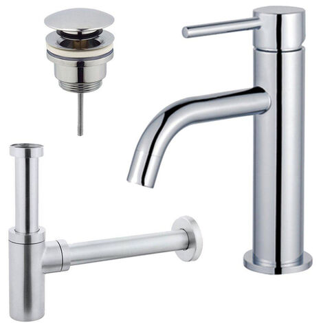 Fortifura Calvi Slim Kit mitigeur lavabo - robinet bas - bonde clic clac - siphon design - Chrome brillant