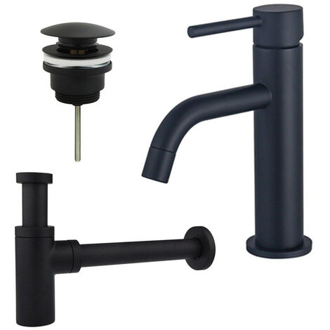 Fortifura Calvi Slim Kit mitigeur lavabo - robinet bas - bonde clic clac - siphon design - Noir mat