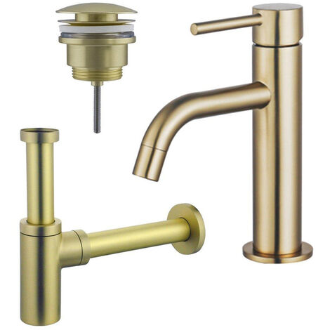 Fortifura Calvi Slim Kit mitigeur lavabo - robinet bas - bonde clic clac - siphon design - PVD Laiton brossé