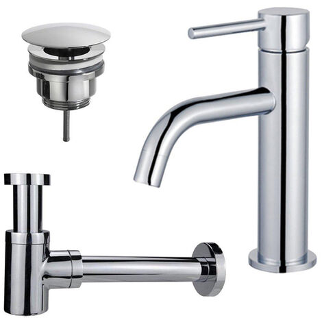 Fortifura Calvi Slim Kit mitigeur lavabo - robinet bas - bonde non-obturable - siphon design bas - Chrome brillant
