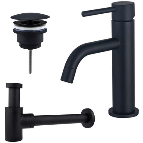 Fortifura Calvi Slim Kit mitigeur lavabo - robinet bas - bonde non-obturable - siphon design bas - Noir mat
