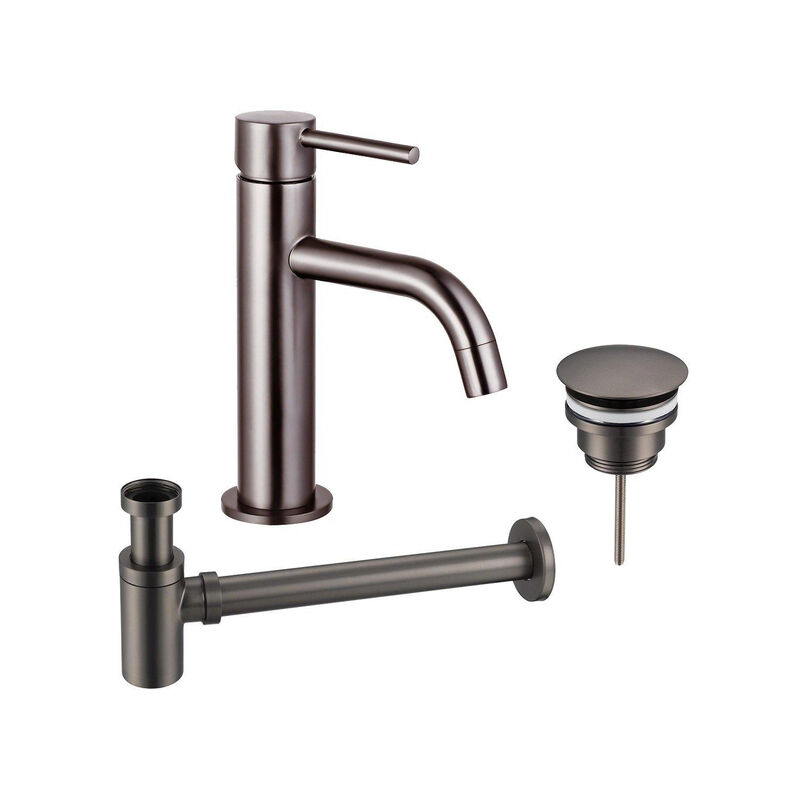 Fortifura - Calvi Slim Kit mitigeur lavabo - robinet bas - bonde non-obturable - siphon design bas - pvd Gunmetal
