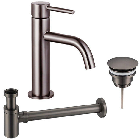 Fortifura Calvi Slim Kit mitigeur lavabo - robinet bas - bonde non-obturable - siphon design bas - PVD Gunmetal