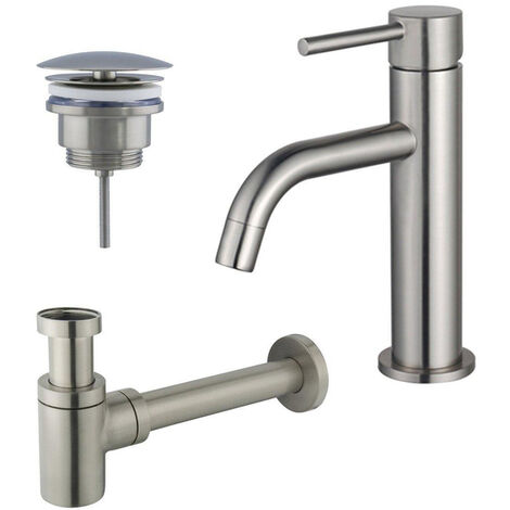 Fortifura Calvi Slim Kit mitigeur lavabo - robinet bas - bonde non-obturable - siphon design bas - PVD Inox brossé