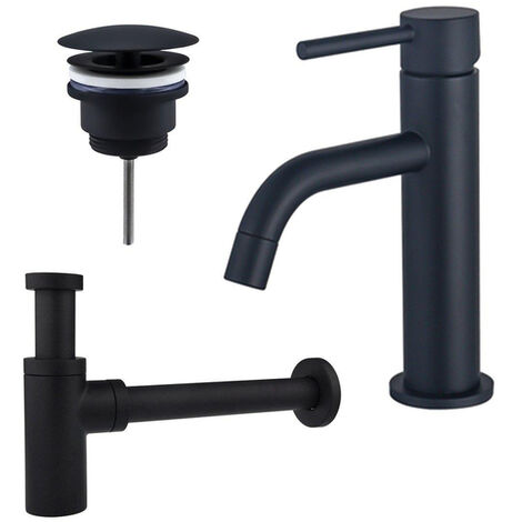 Fortifura Calvi Slim Kit mitigeur lavabo - robinet bas - bonde nonobturable - siphon design - Noir mat