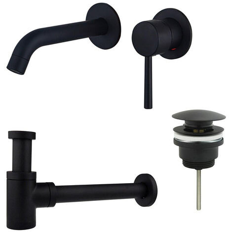 Fortifura Calvi Slim Kit mitigeur lavabo - robinet encastrable - bonde clic clac - siphon design bas - Noir mat