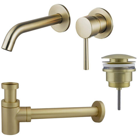 Fortifura Calvi Slim Kit mitigeur lavabo - robinet encastrable - bonde clic clac - siphon design bas - PVD Laiton brossé