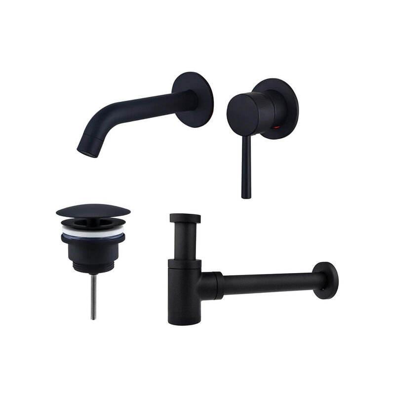 Fortifura - Calvi Slim Kit mitigeur lavabo - robinet encastrable - bonde non-obturable - siphon design bas - Noir mat