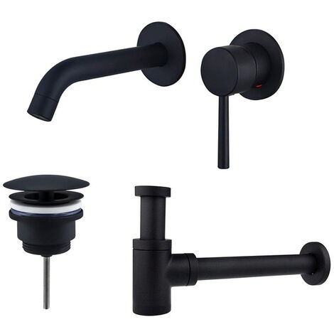 Fortifura Calvi Slim Kit mitigeur lavabo - robinet encastrable - bonde non-obturable - siphon design bas - Noir mat