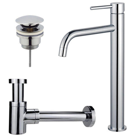 Fortifura Calvi Slim Kit mitigeur lavabo - robinet rehaussé - bonde clic clac - siphon design bas - Chrome brillant