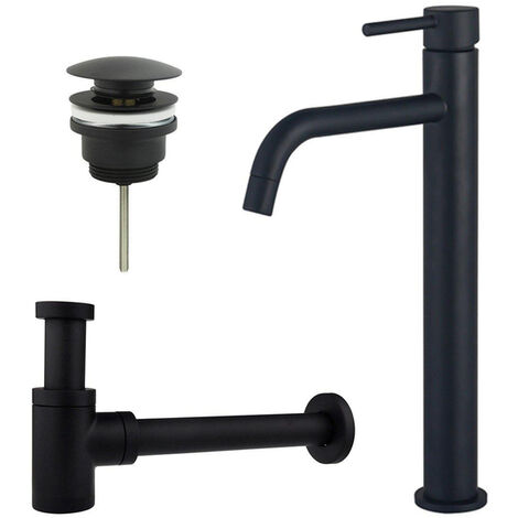 Fortifura Calvi Slim Kit mitigeur lavabo - robinet rehaussé - bonde clic clac - siphon design bas - Noir mat