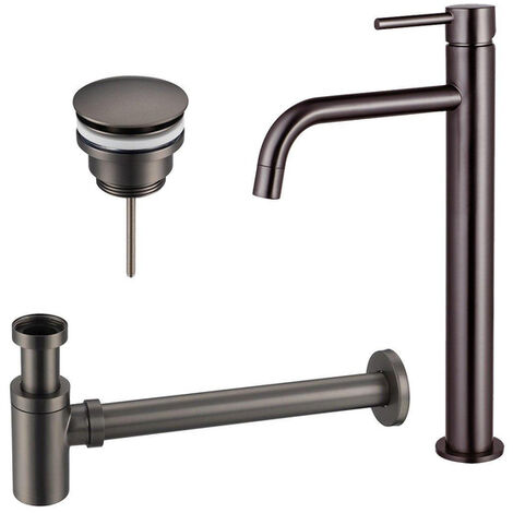 Fortifura Calvi Slim Kit mitigeur lavabo - robinet rehaussé - bonde clic clac - siphon design bas - PVD Gunmetal