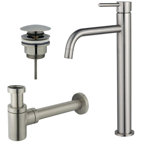 Fortifura Calvi Slim Kit mitigeur lavabo - robinet rehaussé - bonde clic clac - siphon design bas - PVD Inox brossé