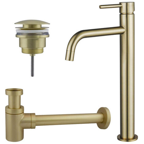 Fortifura Calvi Slim Kit mitigeur lavabo - robinet rehaussé - bonde clic clac - siphon design bas - PVD Laiton brossé