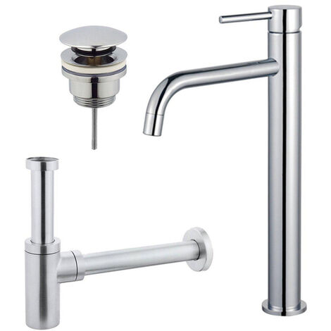 Fortifura Calvi Slim Kit mitigeur lavabo - robinet rehaussé - bonde clic clac - siphon design - Chrome brillant