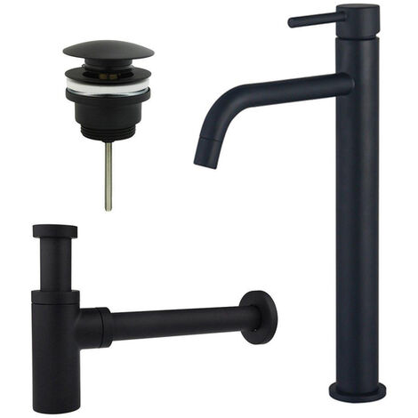 Fortifura Calvi Slim Kit mitigeur lavabo - robinet rehaussé - bonde clic clac - siphon design - Noir mat