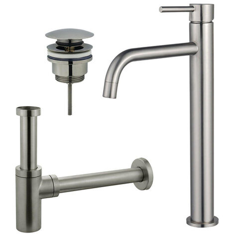 Fortifura Calvi Slim Kit mitigeur lavabo - robinet rehaussé - bonde clic clac - siphon design - PVD Inox brossé
