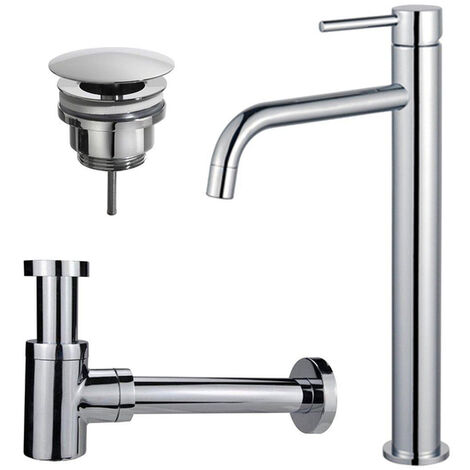 Fortifura Calvi Slim Kit mitigeur lavabo - robinet rehaussé - bonde non-obturable - siphon design bas - Chrome brillant