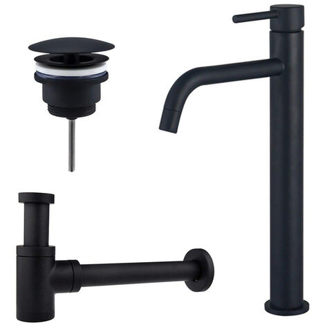 Fortifura Calvi Slim Kit mitigeur lavabo - robinet rehaussé - bonde non-obturable - siphon design bas - Noir mat