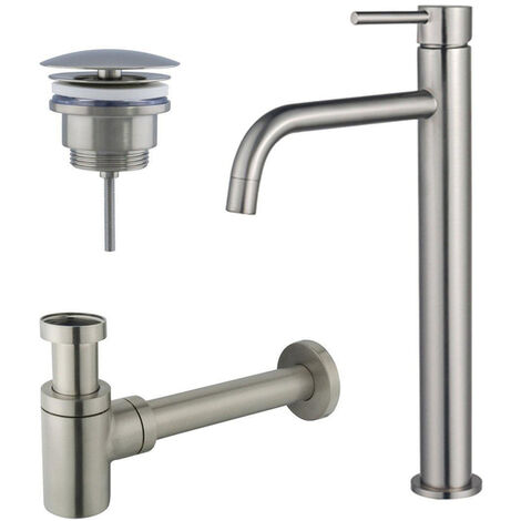 Fortifura Calvi Slim Kit mitigeur lavabo - robinet rehaussé - bonde non-obturable - siphon design bas - PVD Inox brossé