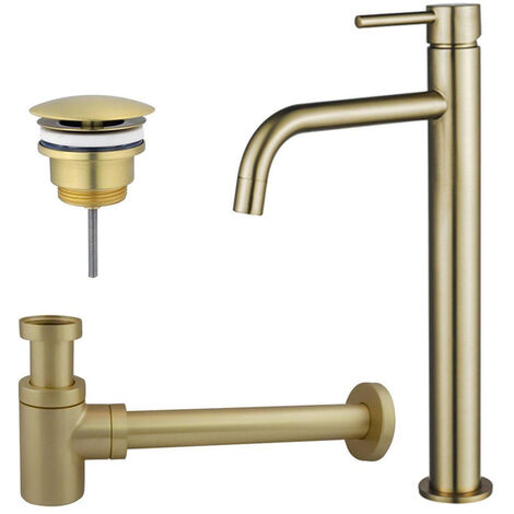 Fortifura Calvi Slim Kit mitigeur lavabo - robinet rehaussé - bonde non-obturable - siphon design bas - PVD Laiton brossé
