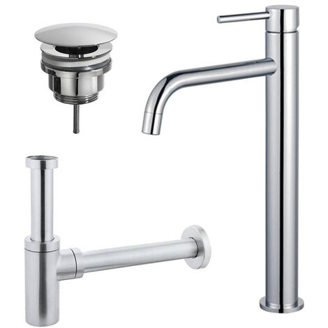 Fortifura Calvi Slim Kit mitigeur lavabo - robinet rehaussé - bonde nonobturable - siphon design - Chrome brillant