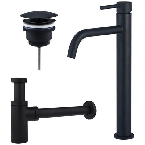 Fortifura Calvi Slim Kit mitigeur lavabo - robinet rehaussé - bonde nonobturable - siphon design - Noir mat